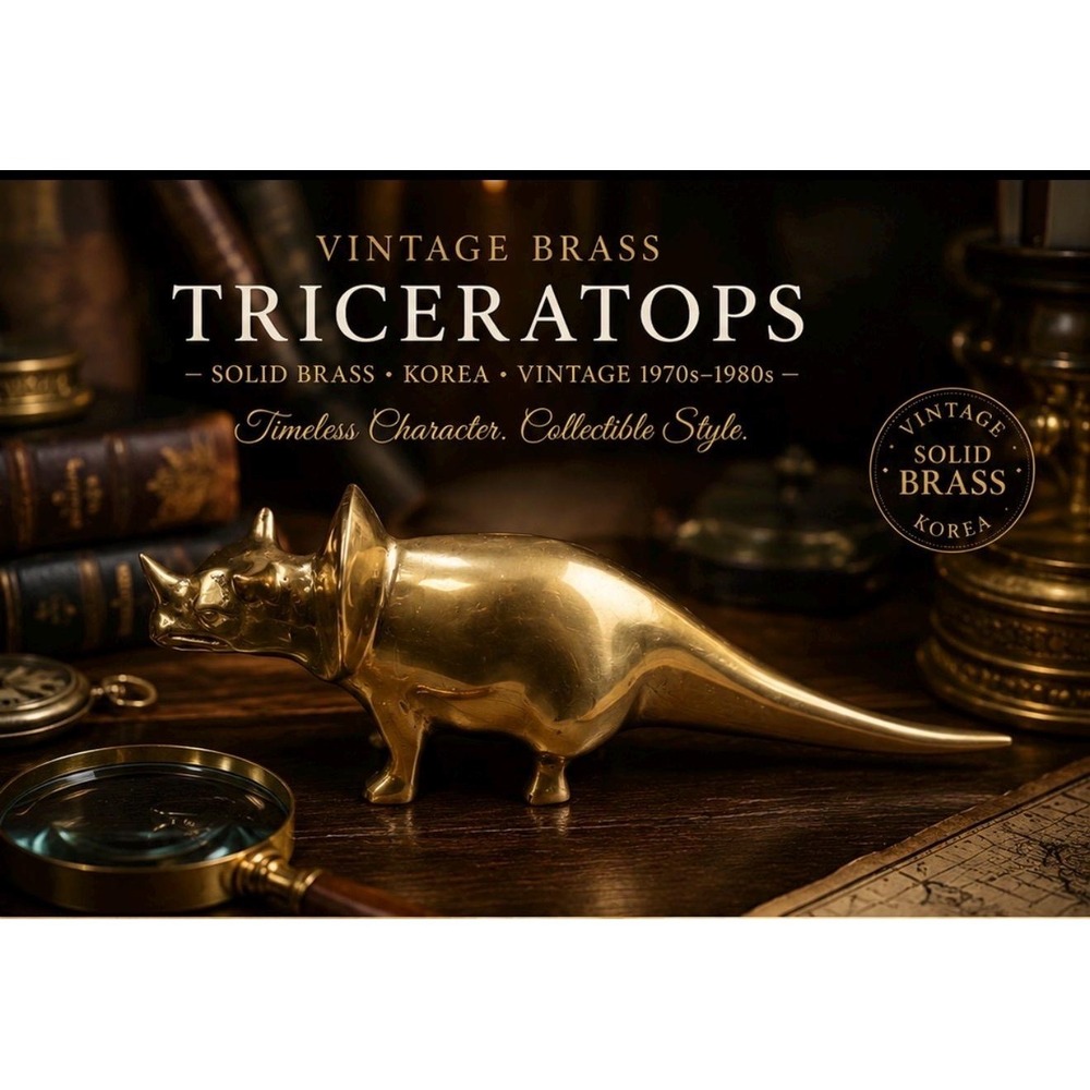 Solid Brass Triceratops Figurine | Vintage Korean Dinosaur Sculpture, Dark Acade